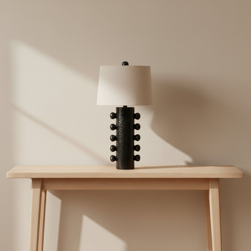 Modern Black Stoneware & Ceramic Table Lamp - 31" Tall with Textured Cylindrical Base & Fabric Shade - Ideal for Bedroom, Living Room, Office & Home Decor