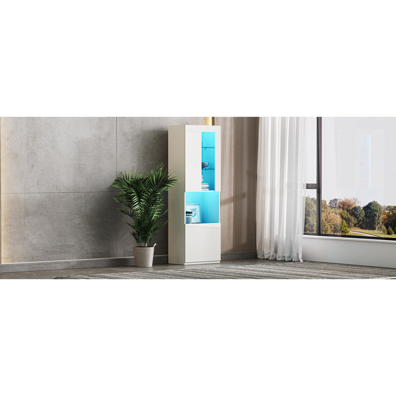 Armoire de rangement polyvalente avec lumières DEL, porte en acrylique et tablettes en verre trempé, idéale pour plusieurs pièces et présentoirs de collections