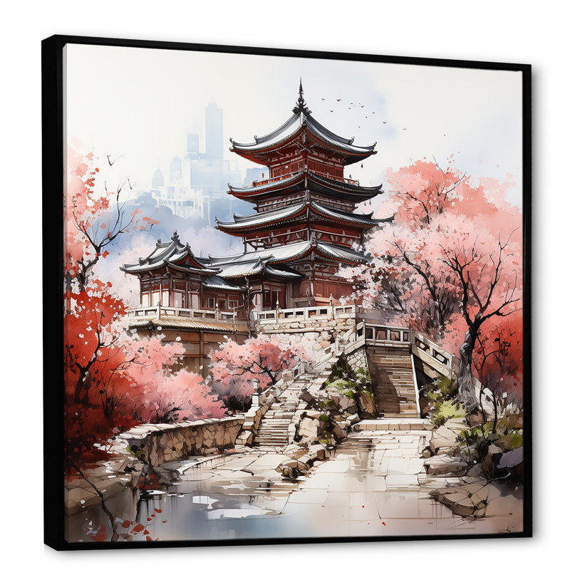 «Spring Spring China Serenity At The Temple III», art mural Chine, Cadre flottant noir, H 36 po x l 36 po x P 1,5 po