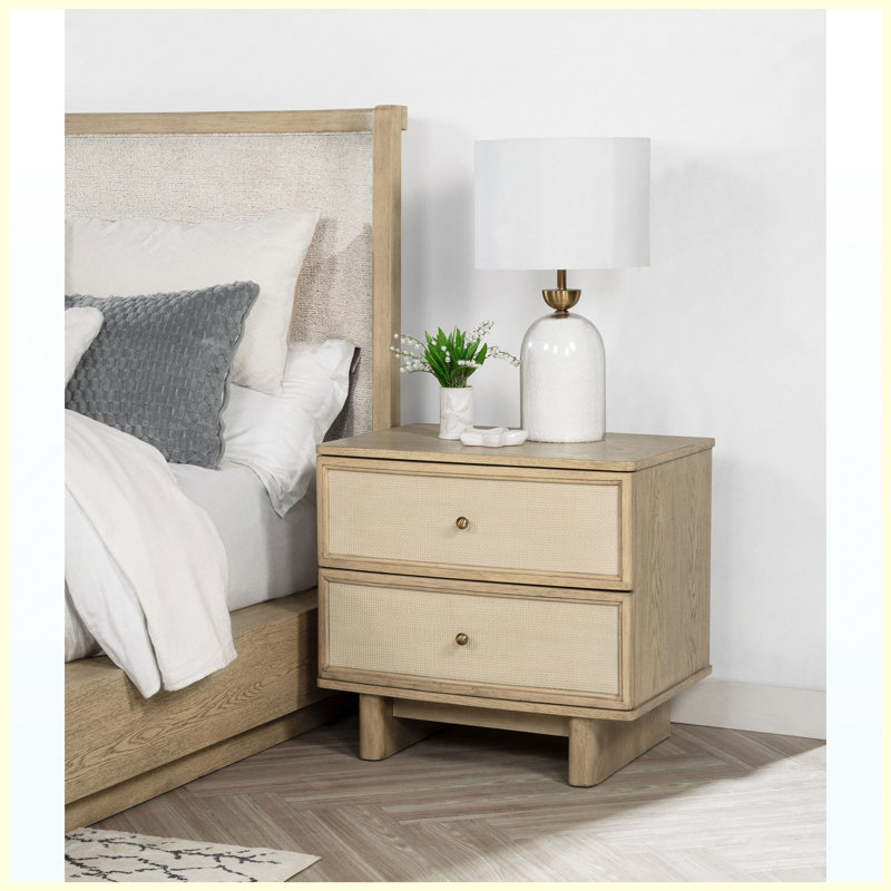 Beige Oak 2-Drawer Nightstand Bedside Table