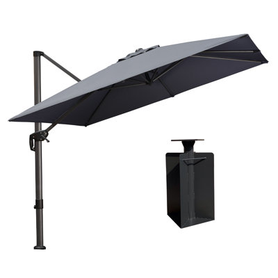 Gira 9' Square Cantilever Gray Umbrella with Base in Ground and Crank Lift Counter Weights Included