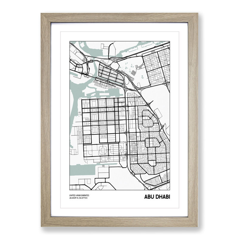 Map Abu Dhabi UAE - Picture Frame Graphic Art, 90cm H x 65cm W x 2cm D, Oak Framed