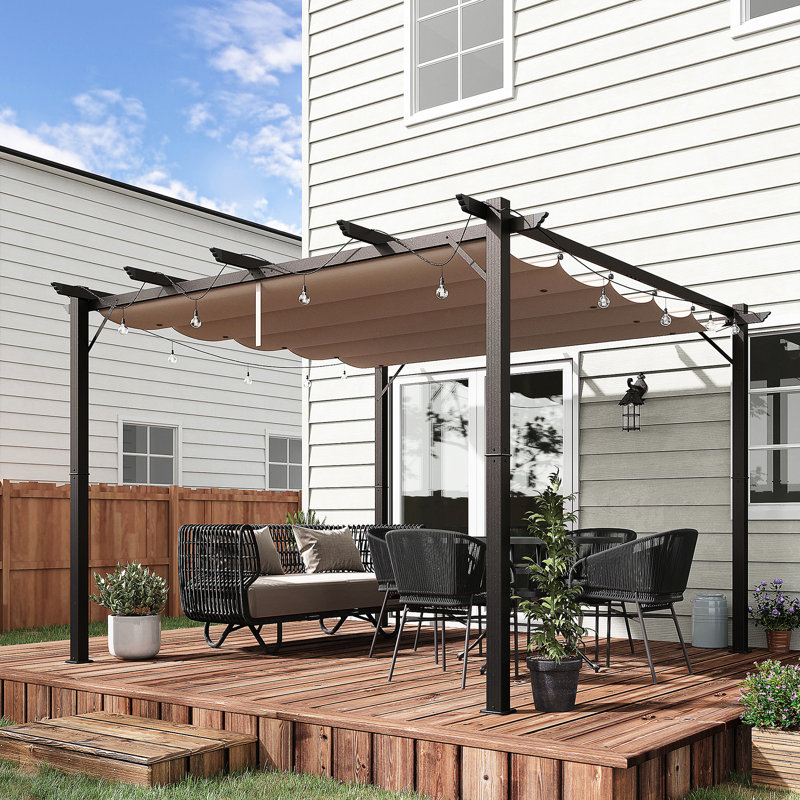 Pavillon de jardin pergola brun de 10 pi avec auvent rétractable - abat-jour en aluminium pour terrasse