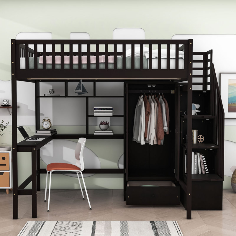 Lit mezzanine 1 tiroir en bois avec bureau intégré, tablettes et armoire Idalina, Complète, Espresso