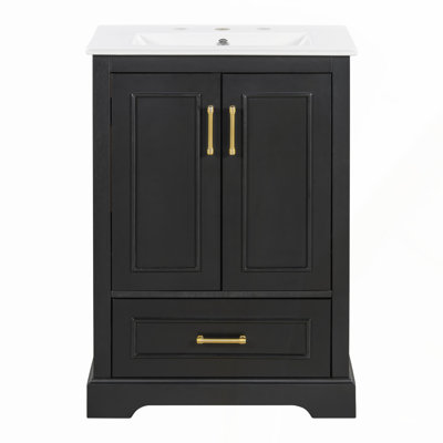 Meuble-lavabo de 24 po avec portes à fermeture en douceur, tiroir basculant et lavabo en céramique pour un rangement élégant