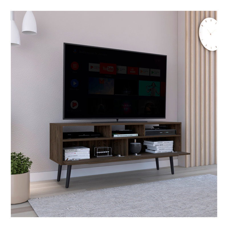 Meuble télé pour télé Bull's 52 po, trois tablettes ouvertes, deux tiroirs flexibles, finition noyer foncé