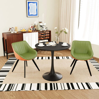 31.5" Black Round Dining Table And 2 Pu Comfortable Cushioned Chairs, Suitable For Casual Dinners Artificial Leather Multi - Purpose Tea Parties
