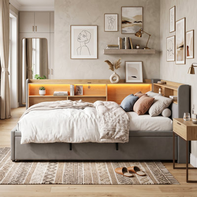 3ft Upholstered Storage Daybed with Pull Out Trundle, UK Single Pop-Up Sofa Bed Frame with LED Lights, USB Charging Station & Storage Shelves, Grey Velvet, 90x190cm