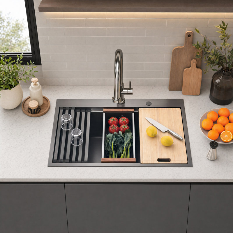 30 po Évier de cuisine à poser sur le comptoir, cuve simple en acier inoxydable 304 avec planche à découper, support à enrouler, plateau de drainage, grille inférieure et ensemble de drain