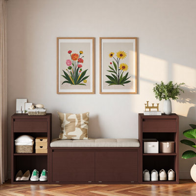 Banc de rangement avec coussin, compartiments, tiroirs et tablettes ouvertes