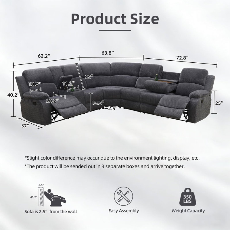 Canapé modulaire inclinable manuel 3 pièces, Charcoal Grey Fabric