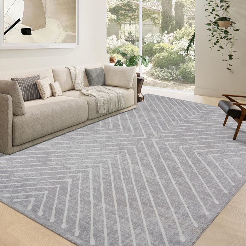 Geometric Machine Washable Rug Abstract Non Slip Living Room Rug Low Pile Thin Rug, Contemporary Neutral Rug, Non Shedding Soft Rug for Bedroom