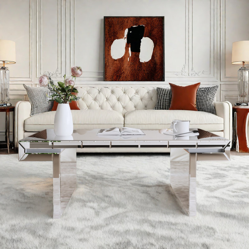 Luxury Rectangular Mirror Coffee Table With Fluted Tempered Glass And Rounded Edges