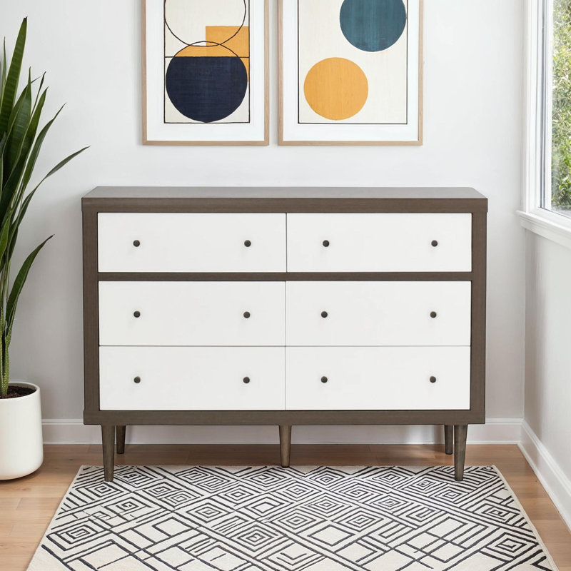 Commode Blythdale avec 6 tiroirs et pieds en bois d'hévéa, Noyer / Blanc