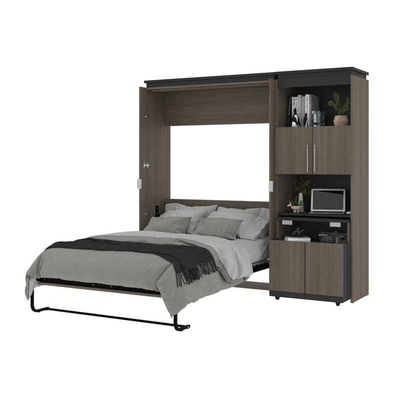 Lit escamotable Armiead avec tablettes et plateau coulissant, Double, Gris écorce / graphite
