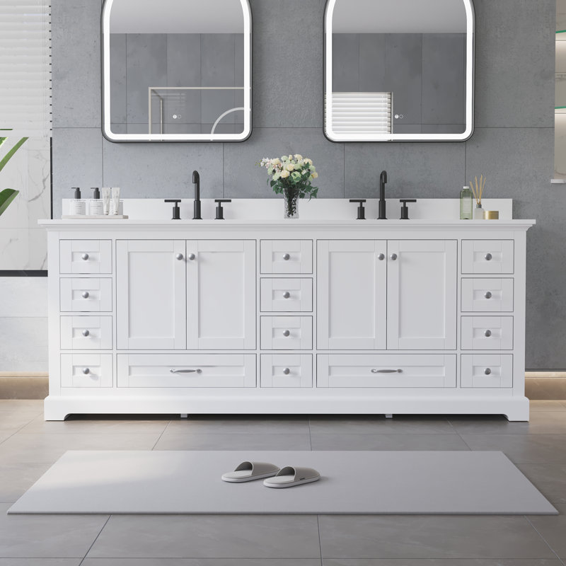 84''W Solid Wood Frame Bathroom Vanity With Pure White Culutered Marble Countertop And Double Sink, White