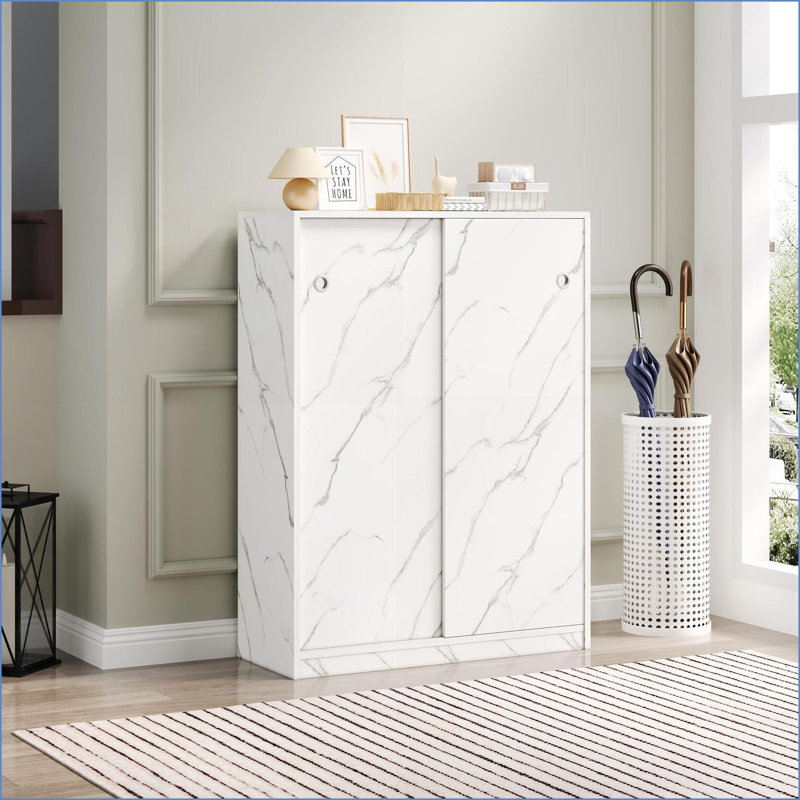 Off-White Shoe Cabinet with Sliding Door, 6 Layers Stores 30+ Pairs | Particle Board | Minimalist Entryway, White