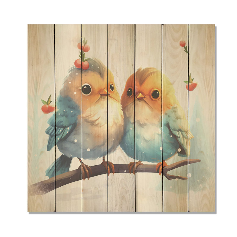 Blue And Yellow Bird Buddies Winter Adventure - Bird On Wood Print, 15" H x 15" W
