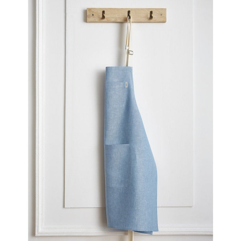 Linen Bib Apron - 100% Pure Linen Apron, Light Blue/Ivory