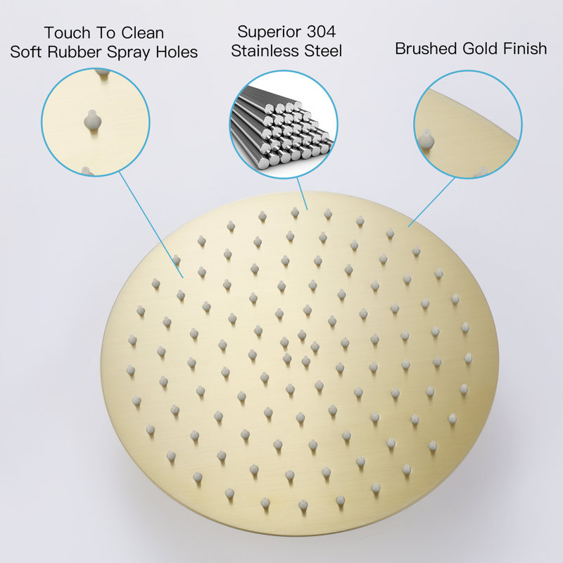 12" Stainless Steel Rainfall  Angle Adjustable Shower Head 1.8GPM with Self-Cleaning, Gold