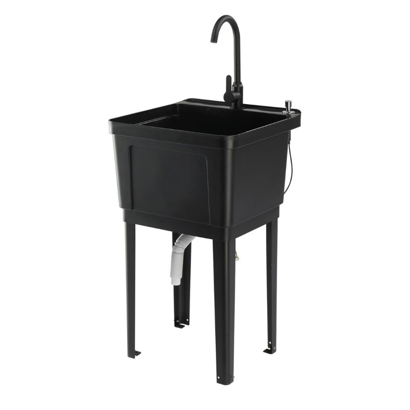 Freestanding Plastic Utility Sink With Stainless Steel Faucet, Matte Black