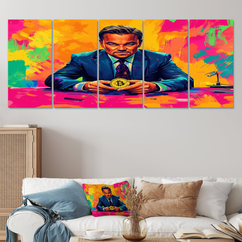Popart Bitcoin Leonardo Dicaprio - loup de Wall Street, ensemble d'art sur toile, H 28 po x l 60 po