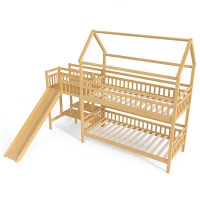 Lit simple superposé en forme de maison avec glissade, lit maisonnette avec escalier de rangement, deux méthodes de placement, conception silencieuse, naturel