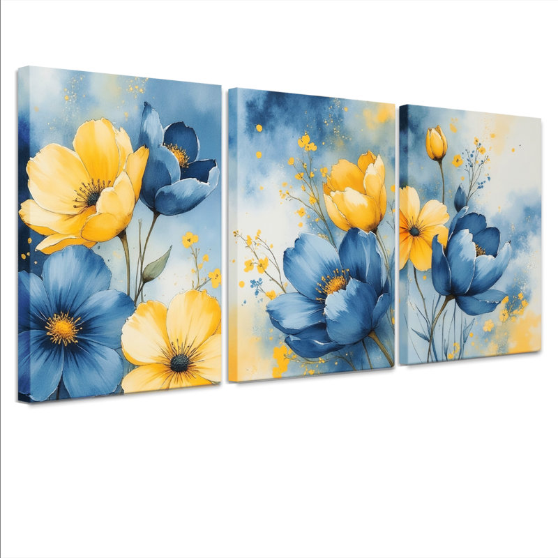 «Blue and Yellow Floral», reproduction d'art sur toile tendue sur toile (ensemble de 3), H 36 po x l 72 po