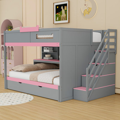 Lit superposé double au-dessus de double avec rangement pour escalier, tablettes à plusieurs niveaux et éclairage DEL