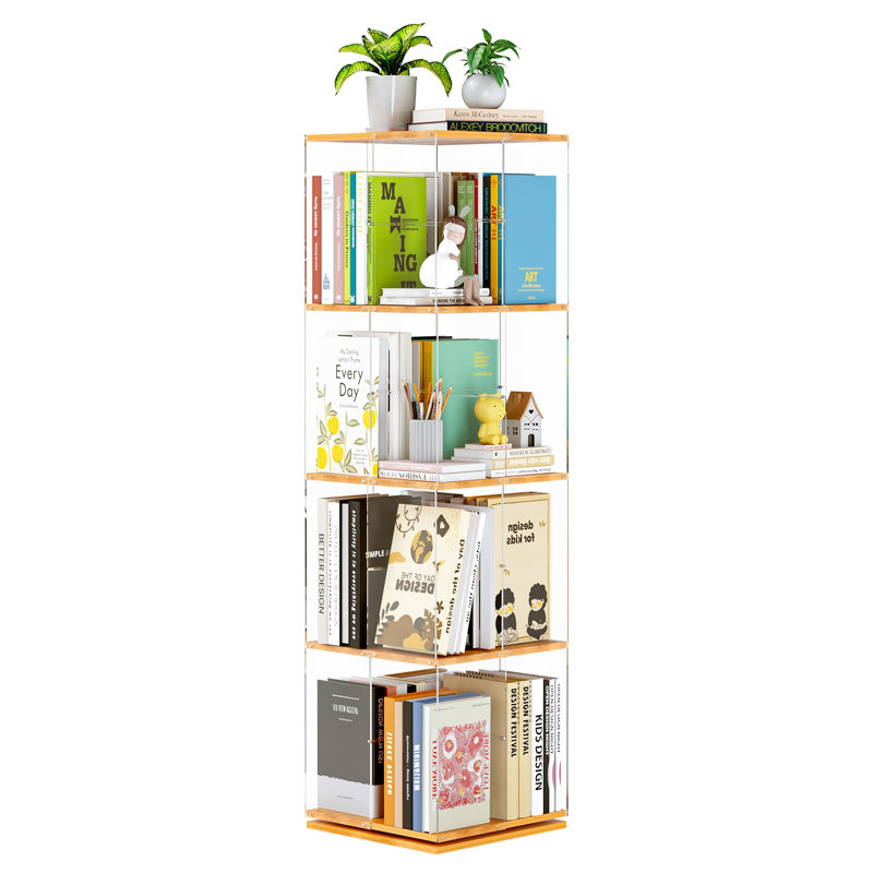 Rotating Bookshelf, 360 Degree Revolving Bookcase, 4-Tier Spinning Bookshelf, Clear Acrylic & Solid Wood Rotating Bookcase For Kid’s Playroom, Bedroom And Living Room, Square