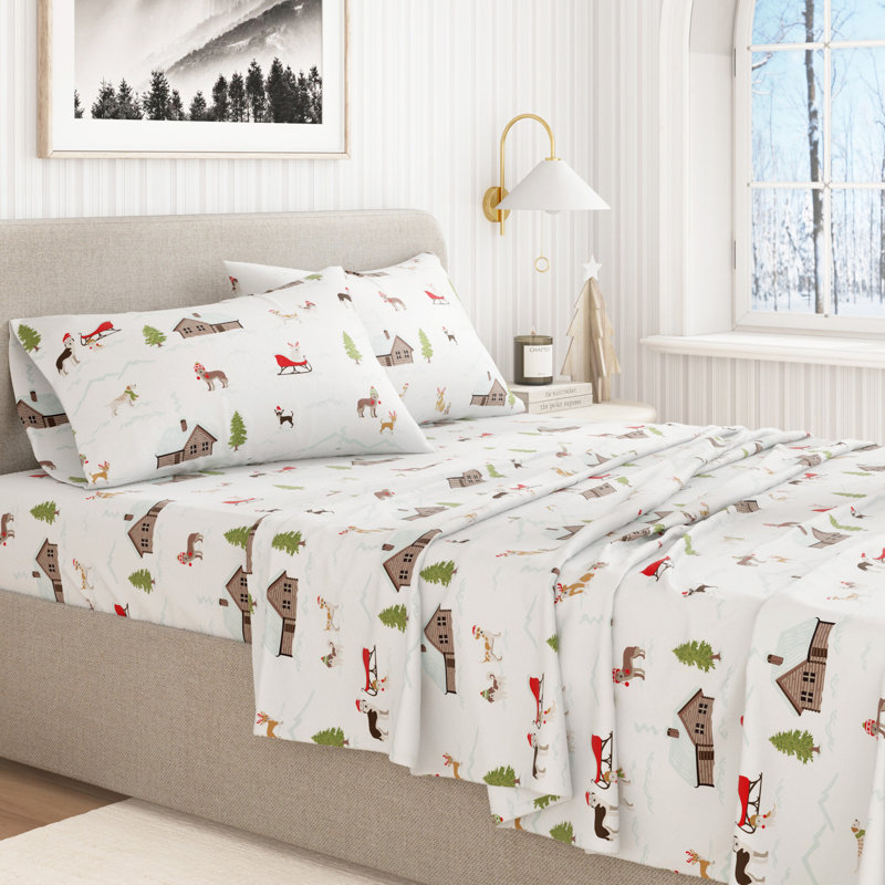 100% Turkish Cotton Flannel Christmas Sheet Sets, Winter Pups, Full with 2 Pillowcases