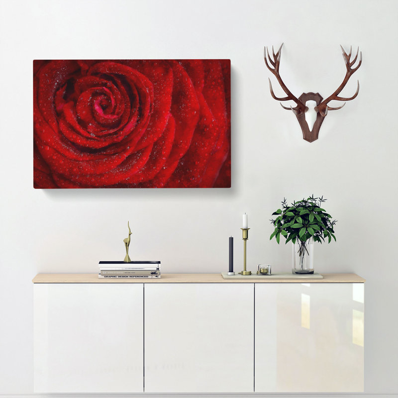 Dewdrops Upon A Red Rose - Wrapped Canvas Painting, 40cm H x 60cm W x 3cm D