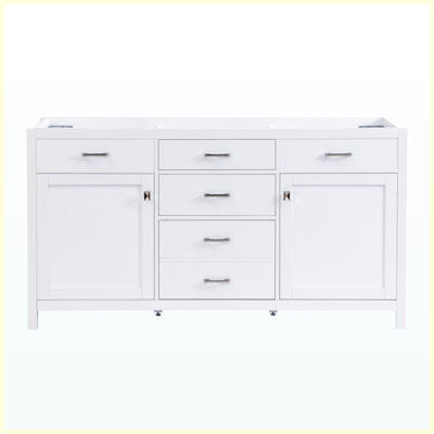 Meuble-lavabo autoportant de 149 cm (58,7 po) seulement, blanc, portes et tiroirs à fermeture amortie, poignées en métal, tiroir basculant, tablette réglable et séparateur amovible