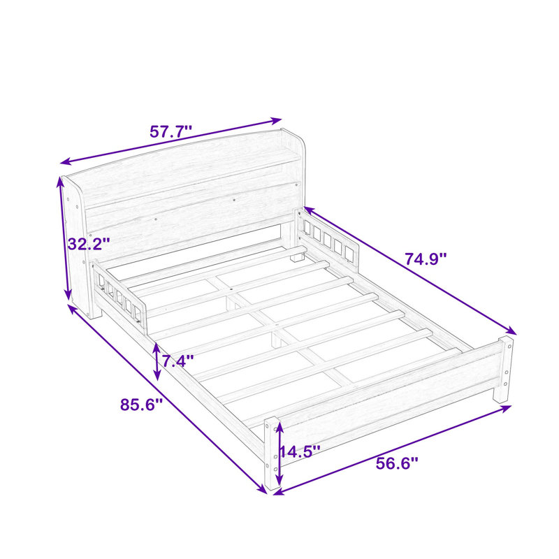 Wooden Platform Bed with Integrated LED Motion Sensor Light, Flexible Bed Guardrails and Shelf, Grey, Full