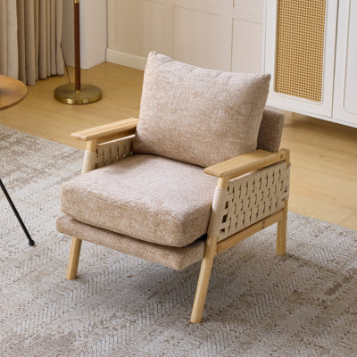 Fauteuil d'appoint rembourré en chenille tissé en rotin avec accoudoirs lombaires en bois d'hévéa avec coussin lombaire pour salon