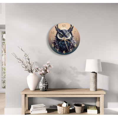 Horloge murale stylisée en forme de hibou cornu en verre trempé bleu et mauve