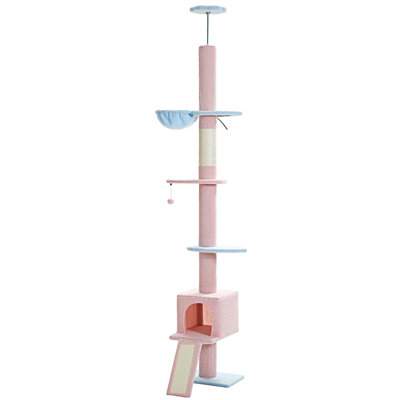 Arbre à chat, du sol au plafond, grande tour pour chat, arbre d'escalade à 5 niveaux pour chats d'intérieur avec condo, poteau à griffes et échelle pour chat à hauteur réglable (83 po à 108 po)