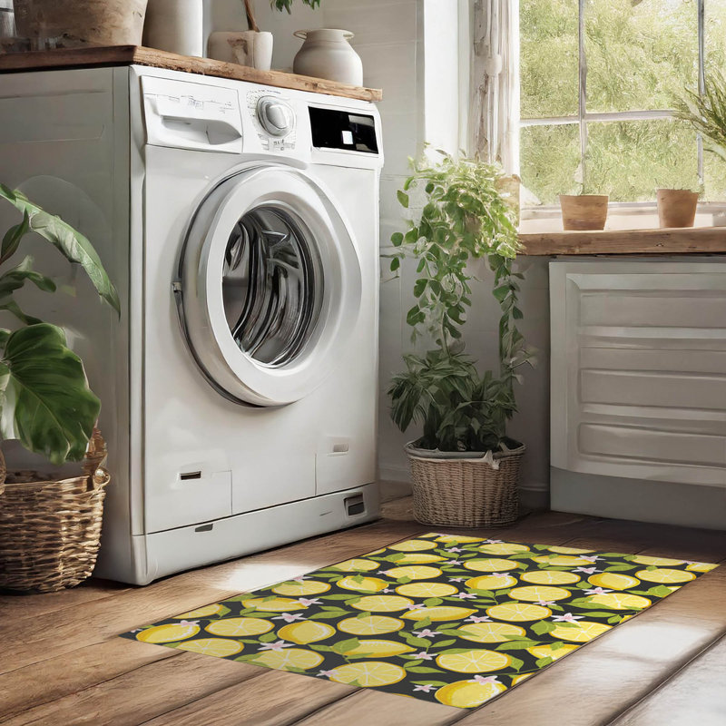 Tapis de lessive léger et antidérapant Lemons, 61 "L x 6.5 "H, Charcoal Abstract