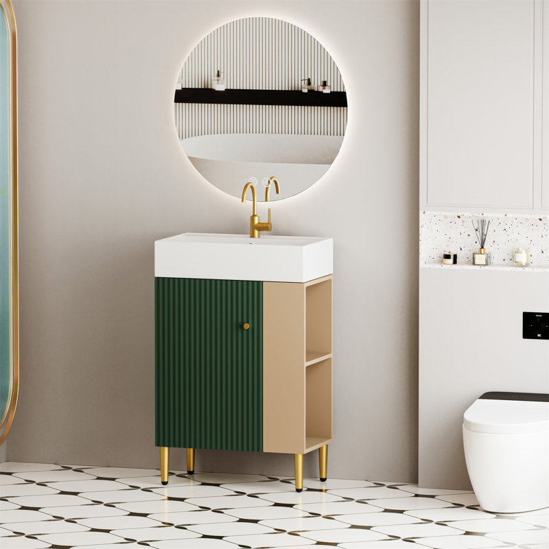 Meuble-lavabo à tablettes ouvertes 21,6 po avec lavabo en céramique et porte à fermeture douce, Vert