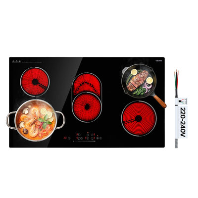 Electric Cooktop 36inch 5 Burners Stove Top 8900W 220V No Plug, Ceramic Built-in Radiant Electric Stove , with 9 Power Levels, Timer, Child Lock, Over-Heat Guard, Touch Control