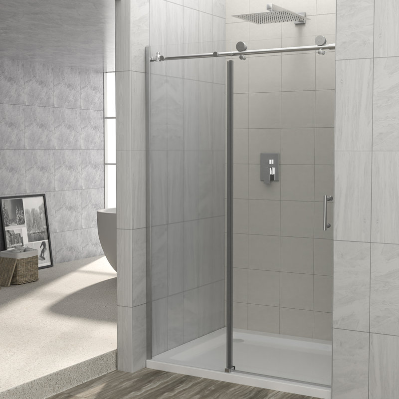 49.5'' 48'' W x 76'' H Single Sliding Frameless Shower Door with Clear Glass, Chrome