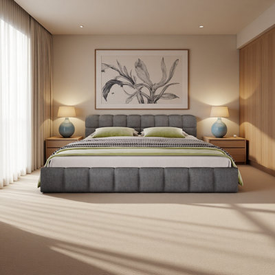 Elegant Chenille Upholstered Bed With Checkerboard Design