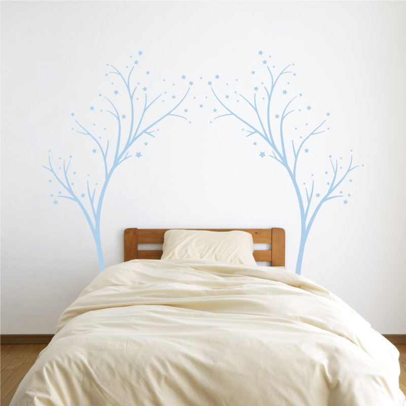 Décalcomanie murale arbres étoiles, H 80 po x l 99 po x P 0,01 po, Bleu poudré