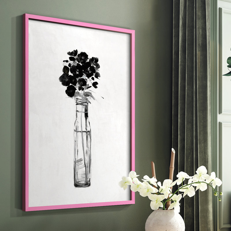 Impression florale noire et blanche sophistiquée I - bois massif, H 10 po x l 8 po, Rose