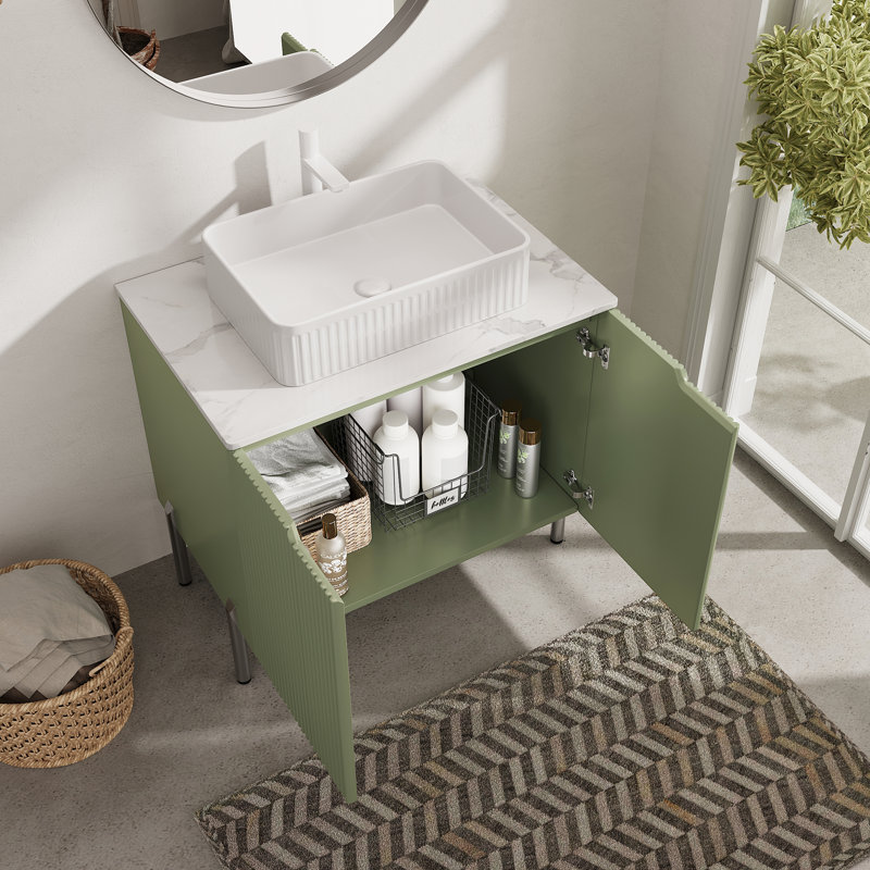 Meuble-lavabo autoportant de 30 po avec 2 portes, lavabo en céramique blanc et comptoir blanc Carrara, Vert