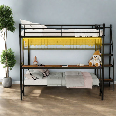 Space Saving Beds, Metal Full Over Twin With Led, Modern Dorm Home