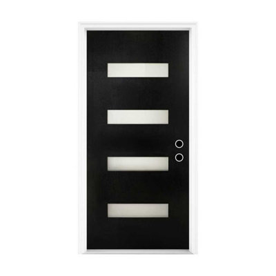 36" X 80" Contemporary Fiberglass Exterior Door, Left-Hand Inswing, 4-Lite Frosted Glass, 4-9/16" Vinyl Frame With Brickmould