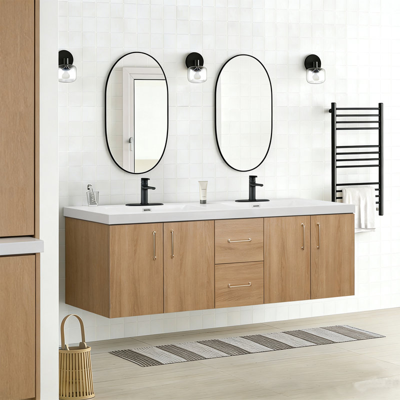 Ensemble de meuble-lavabo mural 60 po avec poignées dorées et lavabos doubles, 60"