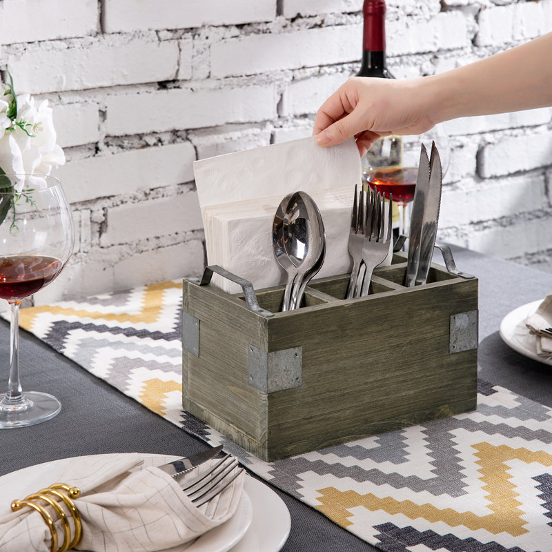 Metal and Wood Flat Napkin Holder, Vintage Grey