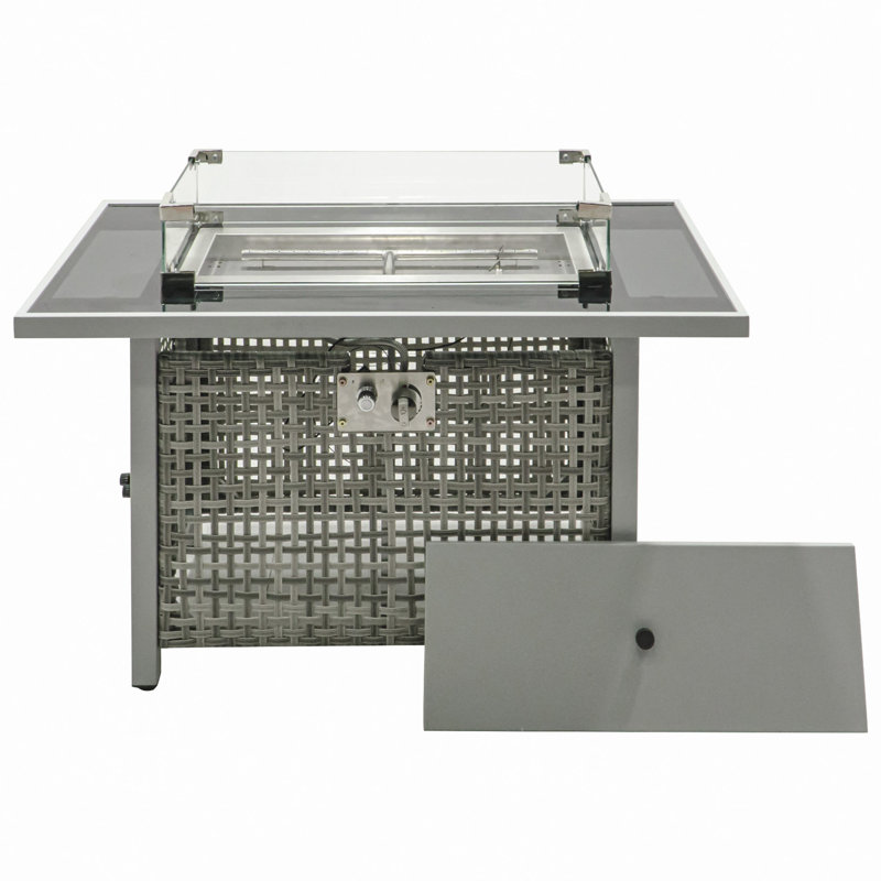43" Propane Gas Fire Pit Table, 60000 BTU Rectangular Open Weave Wicker Fire Pit With Glass Wind Guard For Outside Patio Deck Garden Backyard
